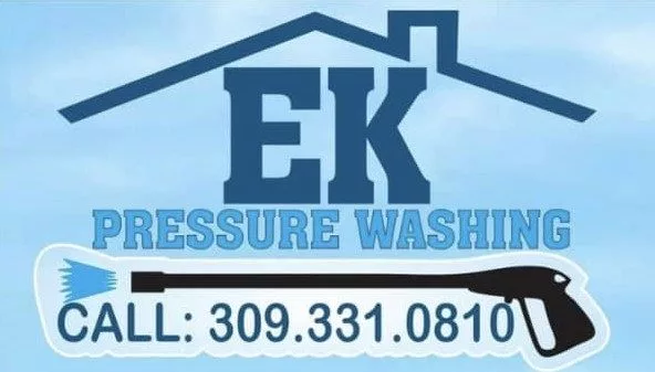 Light blue background with the outline of a roof. Underneath the roof is EK Pressure Washing, Call 309.331.0810