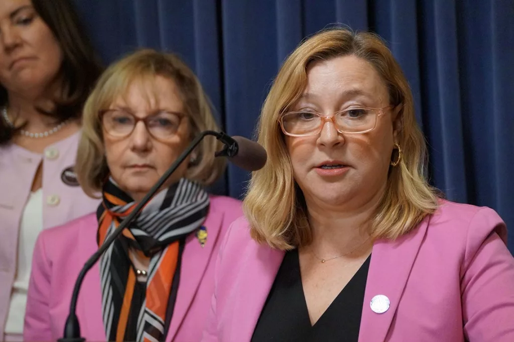 Democratic Reps. Anna Moeller, right, chair of the House Appropriations – Health and Human Services Committee, and Robin Gabel speak with reporters at a news conference following a hearing on the future of federal Medicaid funding.