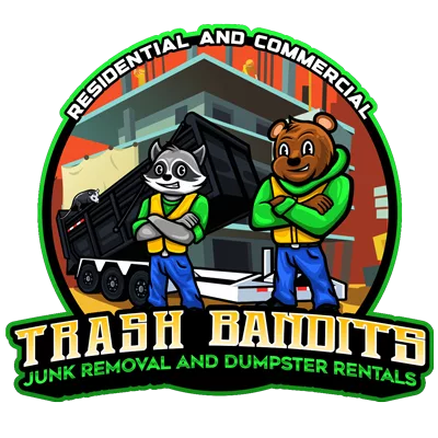 a cartoon bear and raccoon crossing their arms with the words in a yellow/gold gradient: Trash Bandits