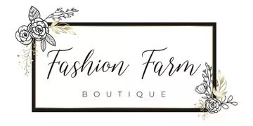 Fashion Farm Boutique, in black ink on a white background with a black rectangle surrounding it with flowers on the upper left and lower right corners.