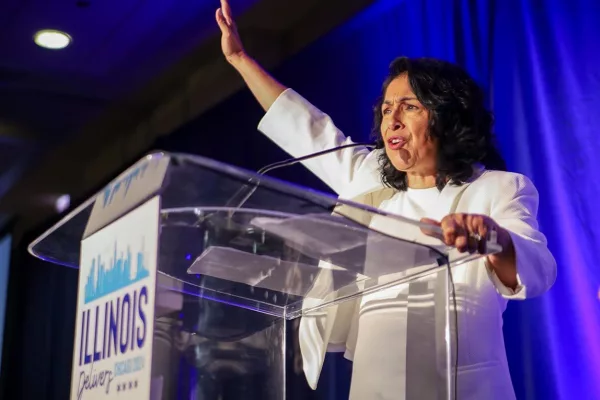 Lisa Hernandez, a state representative and chair of the Democratic Party of Illinois, speaks to members of her party at a Democratic National Convention delegation breakfast. (Capitol News Illinois photo by Andrew Adams)