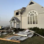 gerlaw-6: A storm that packed winds between 60 and 80 mph ripped off the steeple of the historic Gerlaw Christian Church on Friday, March 14, 2025. (Photo courtesy Gerlaw Christian Church)