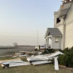 gerlaw-3: A storm that packed winds between 60 and 80 mph ripped off the steeple of the historic Gerlaw Christian Church on Friday, March 14, 2025. (Photo courtesy Gerlaw Christian Church)