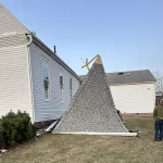 gerlaw-2: A storm that packed winds between 60 and 80 mph ripped off the steeple of the historic Gerlaw Christian Church on Friday, March 14, 2025. (Photo courtesy Gerlaw Christian Church)