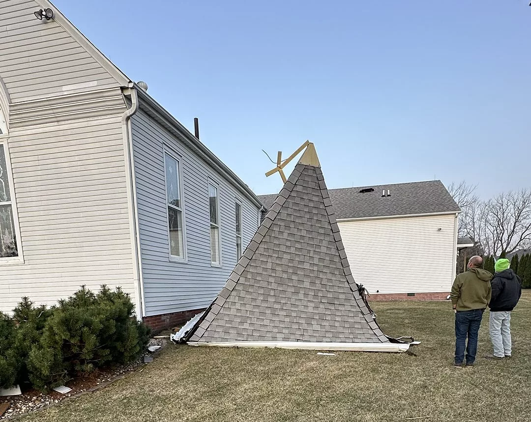 A storm that packed winds between 60 and 80 mph ripped off the steeple of the historic Gerlaw Christian Church on Friday, March 14, 2025. (Photo courtesy Gerlaw Christian Church)