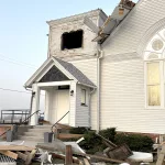 gerlaw-1: A storm that packed winds between 60 and 80 mph ripped off the steeple of the historic Gerlaw Christian Church on Friday, March 14, 2025. (Photo courtesy Gerlaw Christian Church)