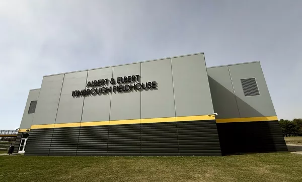 Signage signifying the newly-named Albert and Elbert Kimbrough Fieldhouse on the campus of Galesburg Jr./Sr. High School has recently been installed, as seen here on Wednesday, March 19, 2025