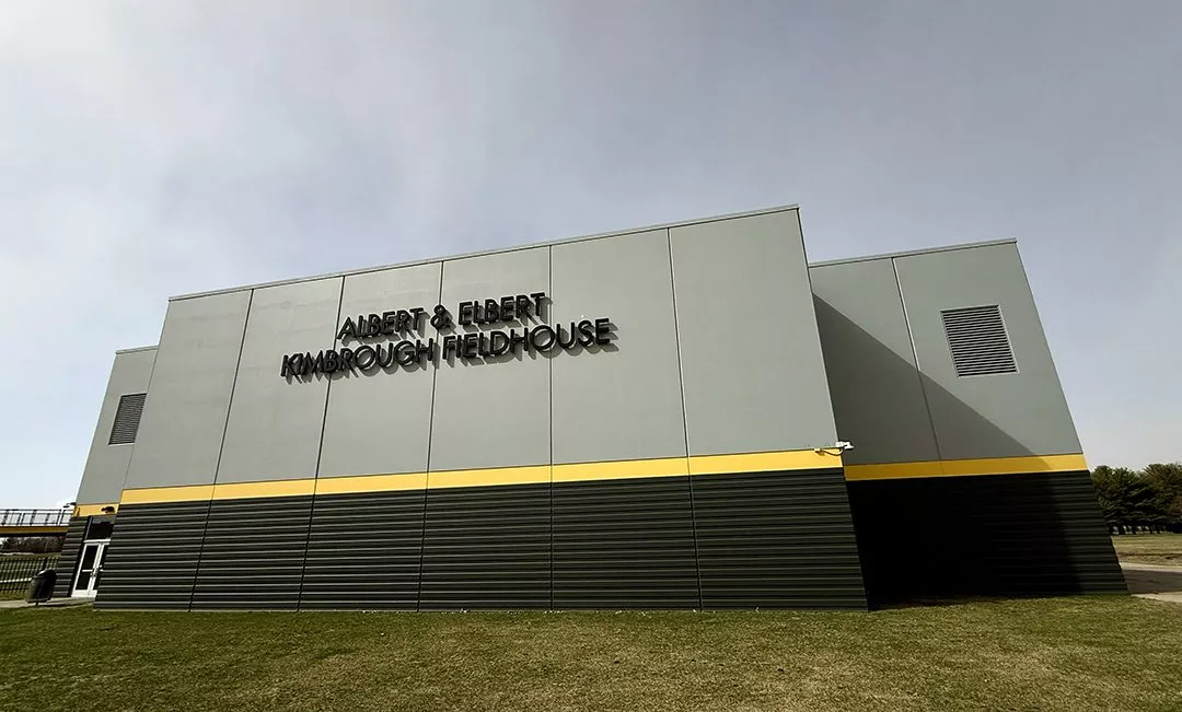 Signage signifying the newly-named Albert and Elbert Kimbrough Fieldhouse on the campus of Galesburg Jr./Sr. High School has recently been installed, as seen here on Wednesday, March 19, 2025 