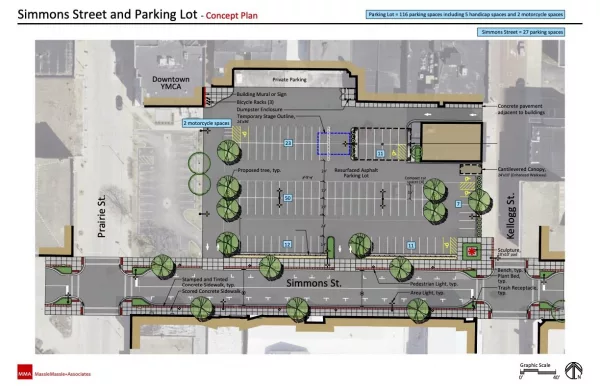 The revitalization project is located on Simmons Street between Prairie Street and Kellogg Street and the adjacent City parking lot at 235 E. Simmons,.