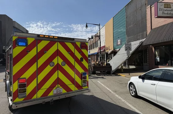 Galesburg Fire Chief Randy Hovind said wind gusts led the facade of Personally Yours Creations, 223 E. Main St., to come loose from the building, falling to the sidewalk around 2:30 p.m. Friday, March 28, 2025.