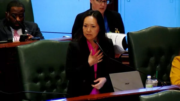 Rep. Janet Yang-Rohr urges passage of a bill to let high school athletes compete simultaneously on school teams and in non-school events during debate on the House floor Wednesday, April 9. (Capitol News Illinois photo by Andrew Campbell)