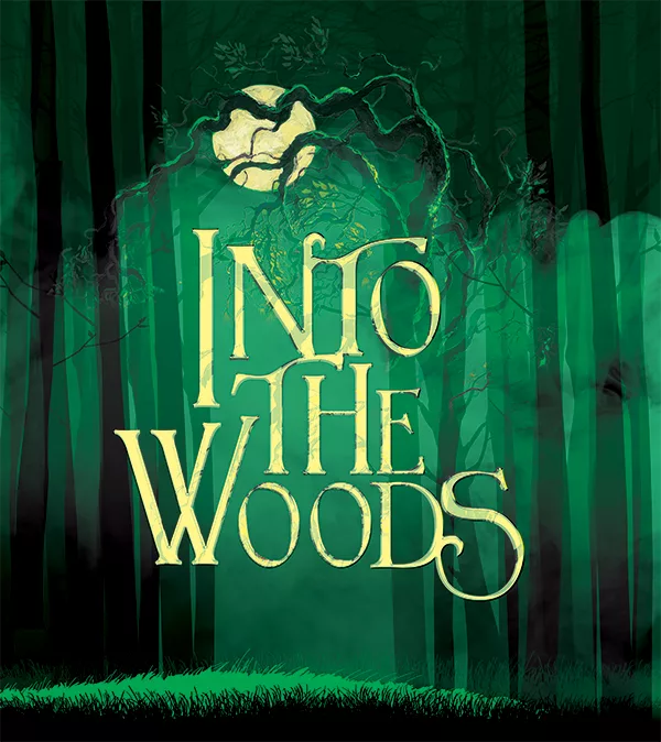 Into the woods in yellow text with a green background