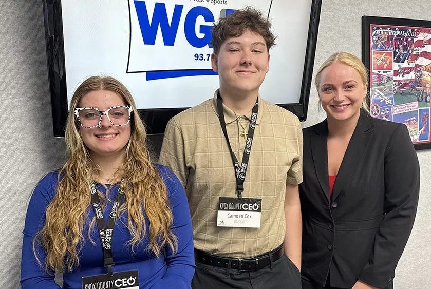 From left: Knox County CEO students Serenity Glahn, a junior at Abingdon/Avon High School; Camden Cox, a junior at Galesburg High School; and Lucy Kuelper, a senior at ROWVA High School.