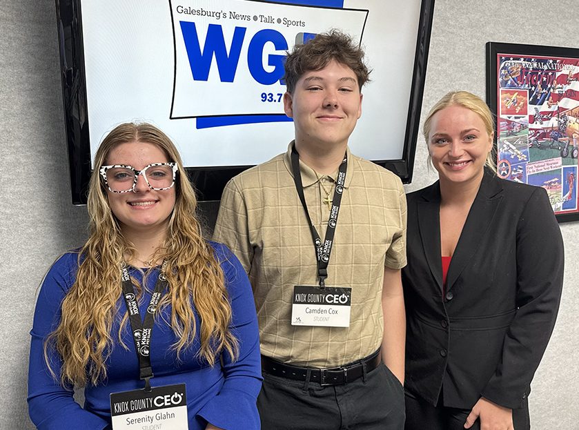 From left: Knox County CEO students Serenity Glahn, a junior at Abingdon/Avon High School; Camden Cox, a junior at Galesburg High School; and Lucy Kuelper, a senior at ROWVA High School.