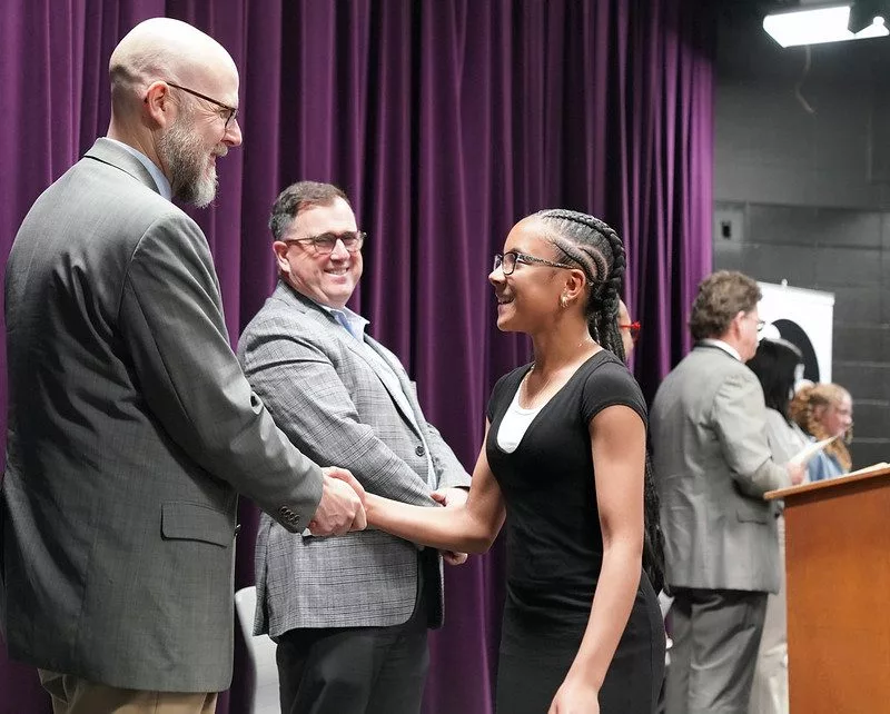Twelve members of the George Washington Gale Scholars Class of 2029 were inducted Tuesday, May 6, during a ceremony held in the Galesburg High School Little Theater. Inductees included: Mackenzie Allbright, Darcy Anderson, Isaac Banda, Valeria Chavez, Eriana Dorsey, Ja'Nyah Ferguson, Serenitee Hanley, Amelia Gonzalez, Kameron Kaminski, Thirtsa Mpindi, Sofie Smith, and Ace Stanley. (Photos courtesy Bill Gaither/Carl Sandburg College)