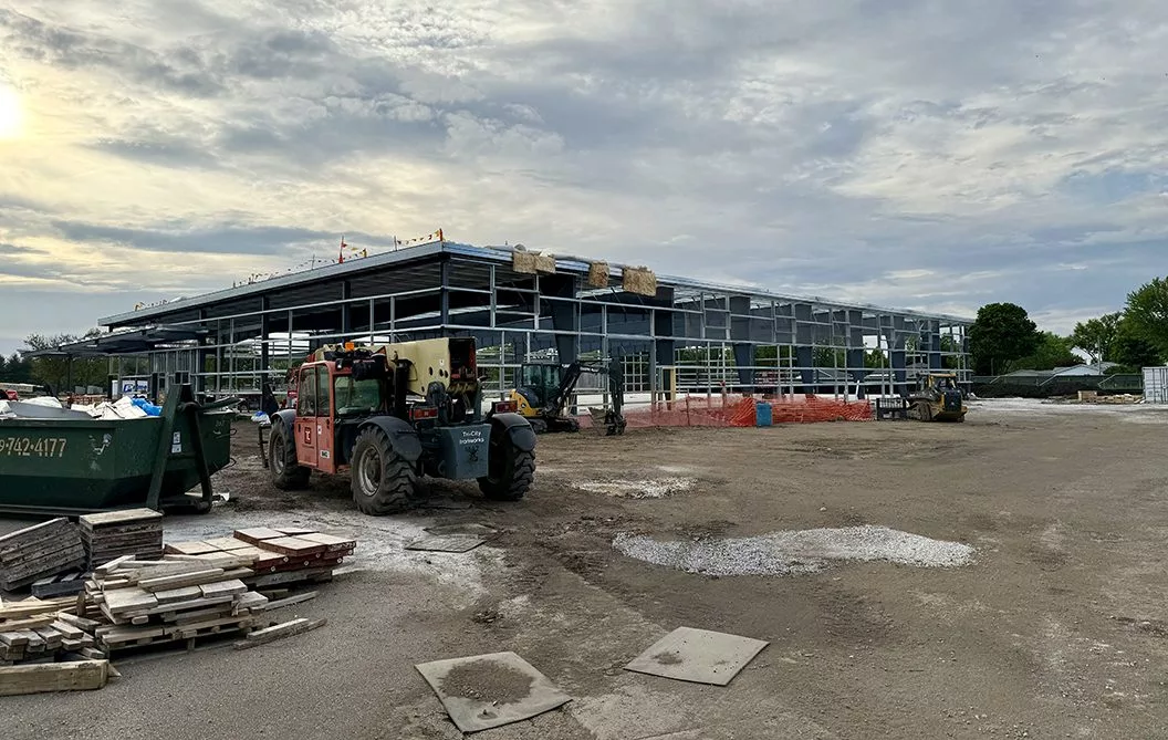 Construction continues on the new District 205 warehouse, as seen on Monday, May 12, 2025, on the site of the former Rose Hoben Welch School. (JAY REDFERN/WGIL)