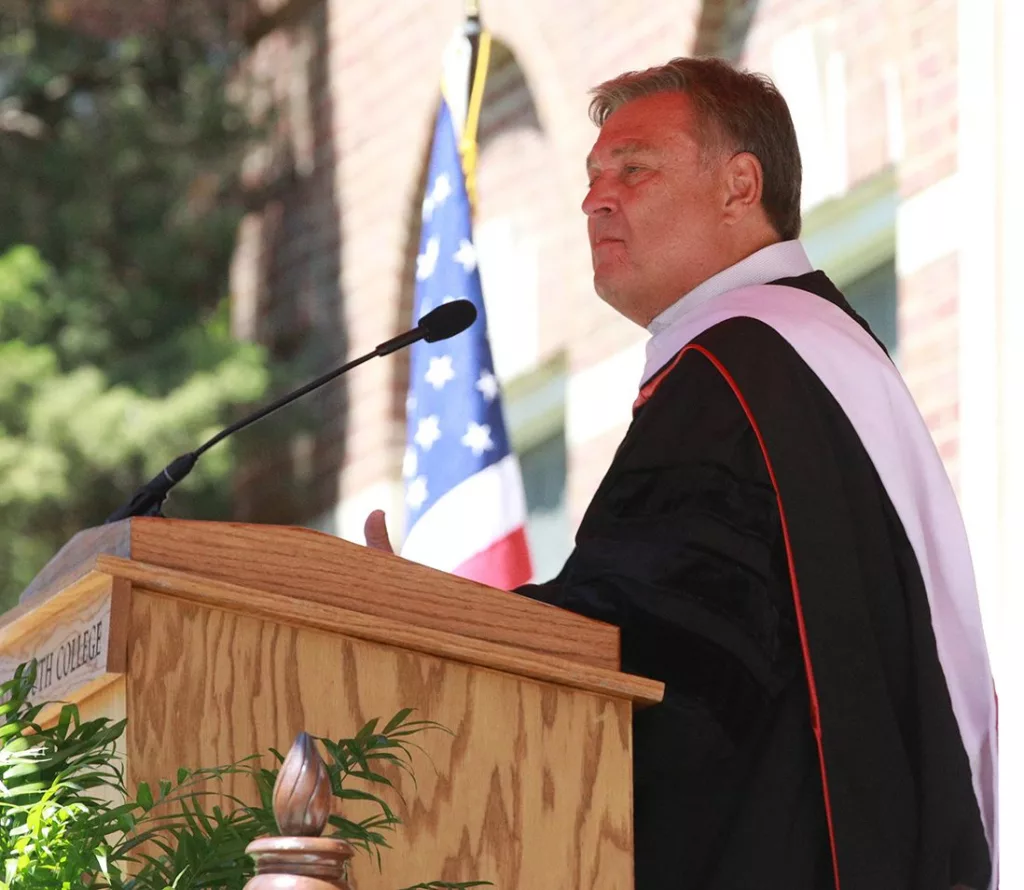 Lon Helton, a 1972 Monmouth graduate at the host of Country Countdown USA, gave the main Commencement address