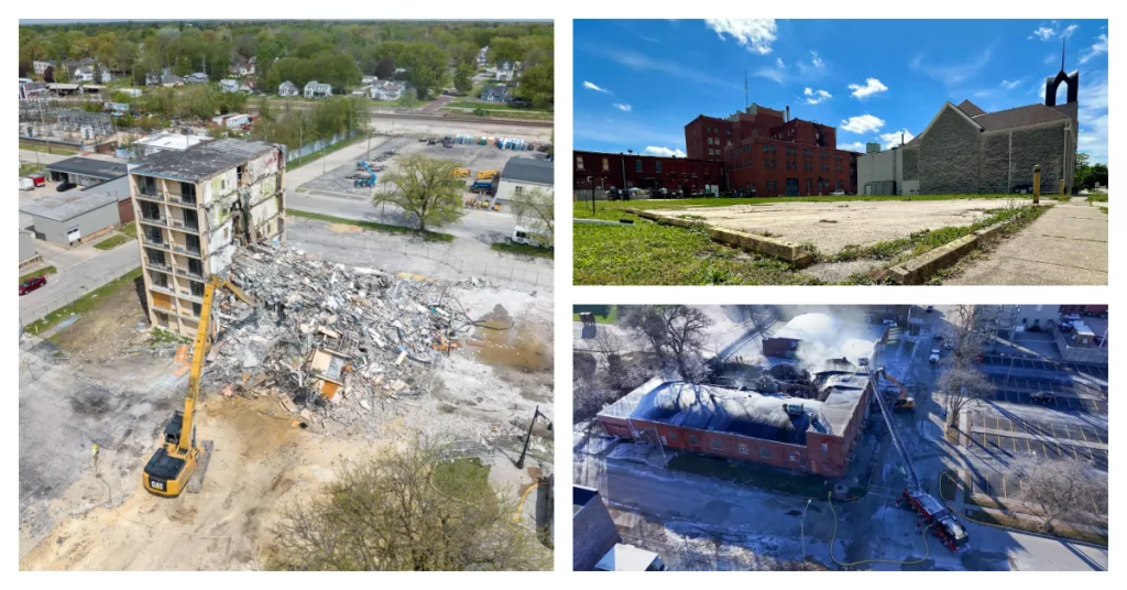 Left: The former Broadview Hotel at 29 Public Square. Top right: The former Knox Laundry site at 57 N. Kellogg St./332 E. Ferris St. Bottom right: The former Tucker’s Printing Company at 175, 179, and 193 N. Cherry St.