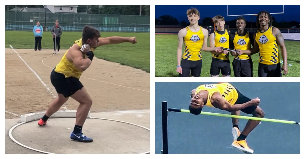 Galesburg High School state qualifiers: Left: Gilbert Lemus in the shot put and discus. Top right: The 4x400 relay team of Praise Nwagbo, Demetrius Watson, Isaac Jasper, Reed Schleich. Bottom right: Josiah Carter in the high jump.