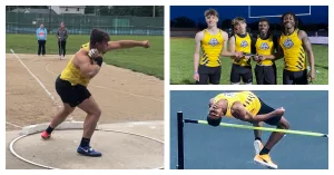 Galesburg High School state qualifiers: Left: Gilbert Lemus in the shot put and discus. Top right: The 4x400 relay team of Praise Nwagbo, Demetrius Watson, Isaac Jasper, Reed Schleich. Bottom right: Josiah Carter in the high jump.