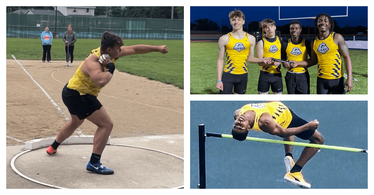 Galesburg High School state qualifiers: Left: Gilbert Lemus in the shot put and discus. Top right: The 4x400 relay team of Praise Nwagbo, Demetrius Watson, Isaac Jasper, Reed Schleich. Bottom right: Josiah Carter in the high jump.