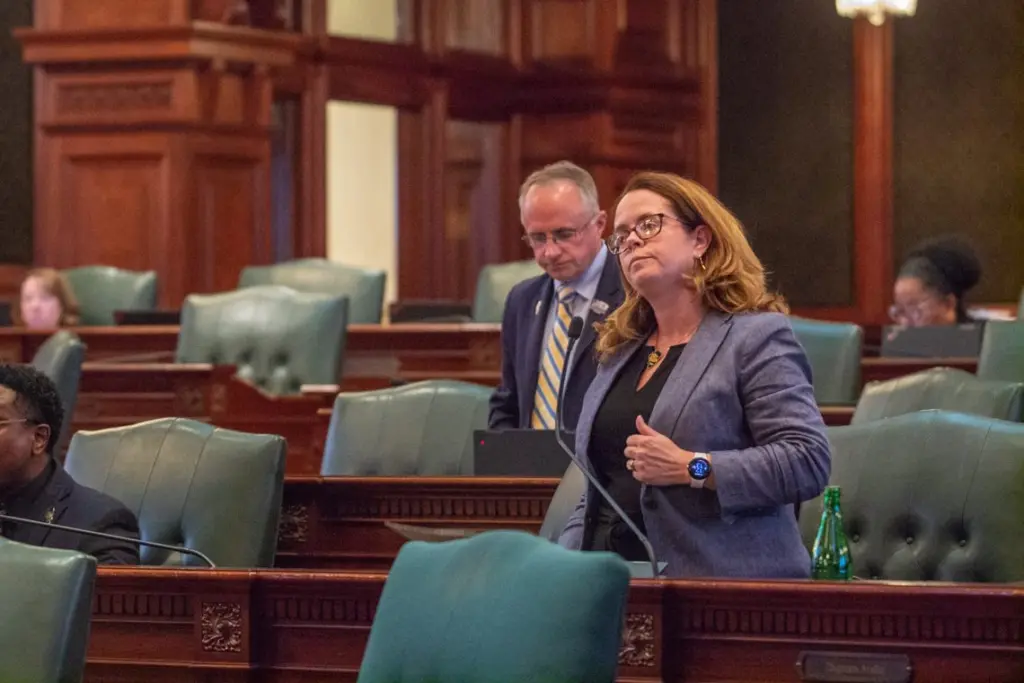 Rep. Maura Hirschauer, D-Batavia, speaks on the House floor on Thursday, May 22, 2025. (Capitol News Illinois photo by Jerry Nowicki)