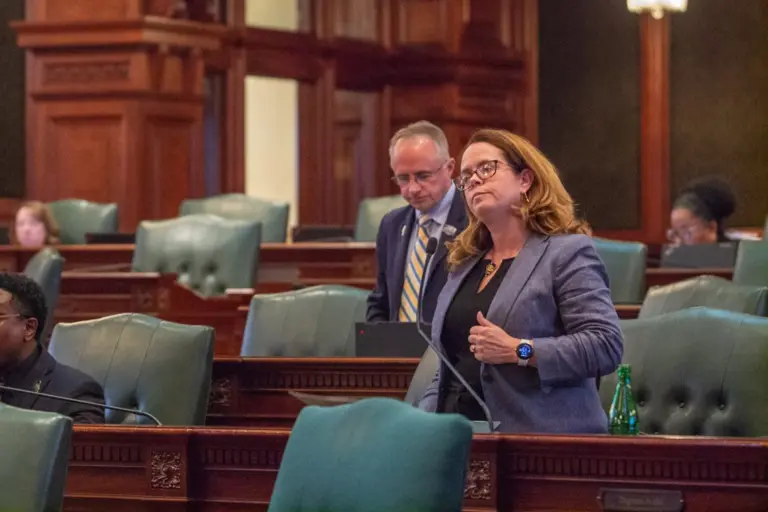 Rep. Maura Hirschauer, D-Batavia, speaks on the House floor on Thursday, May 22, 2025. (Capitol News Illinois photo by Jerry Nowicki)