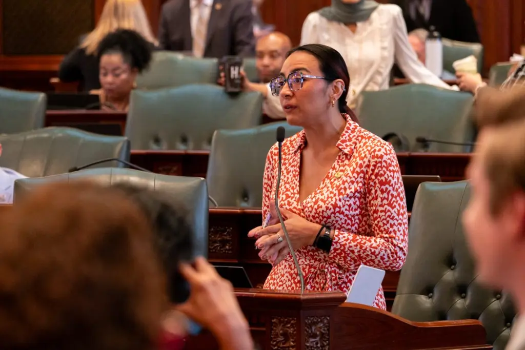 Rep. Dagmara Avelar, D-Romeoville, speaks on the House floor on Saturday, May 31, the final day of session. Avelar’s bill regarding non-FDA approved drugs passed the House this week. (Capitol News Illinois photo by Andrew Adams)