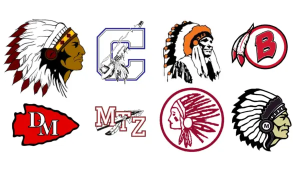 Dozens of Illinois schools have mascots that feature Native American imagery or names. A bill that would have banned them stalled in the Senate. From left to right, top to bottom: Logos for the Stockton Blackhawks, Calumet Indians, Altamont Indians, Bremen Braves, Deer Creek Chiefs, Mt. Zion Braves, Annawan Braves, Marengo Indians. (Capitol News Illinois illustration)