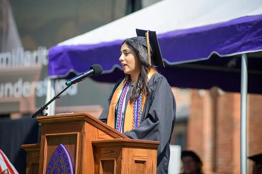 Senior Class Speaker Pareesae Imtiaz addresses graduates at the Knox College Commencement ceremony on Sunday, June 8, 2025.