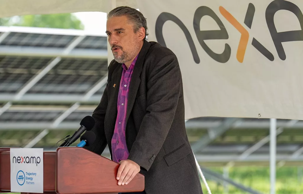 Galesburg Mayor Peter Schwartzman speaks as Nexamp and Trajectory Energy Partners celebrated the opening of Blue Grama Solar, a 4.7 megawatt community solar farm on Thursday, June 12, 2025, at 1489 S. Farnham St. in Galesburg.