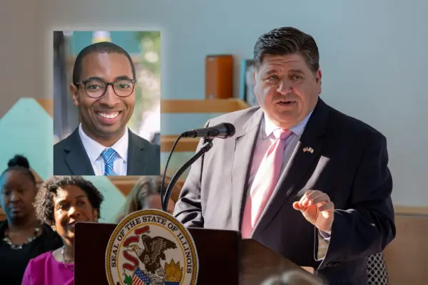 Gov. JB Pritzker has chosen Christian Mitchell to be his running mate in the 2026 gubernatorial election, replacing Lt. Gov. Juliana Stratton, who is running for U.S. Senate. (Capitol News Illinois illustration; Photo by Dun Boyer, Wiki Commons, CC Attribution-Share Alike 4.0 International license)