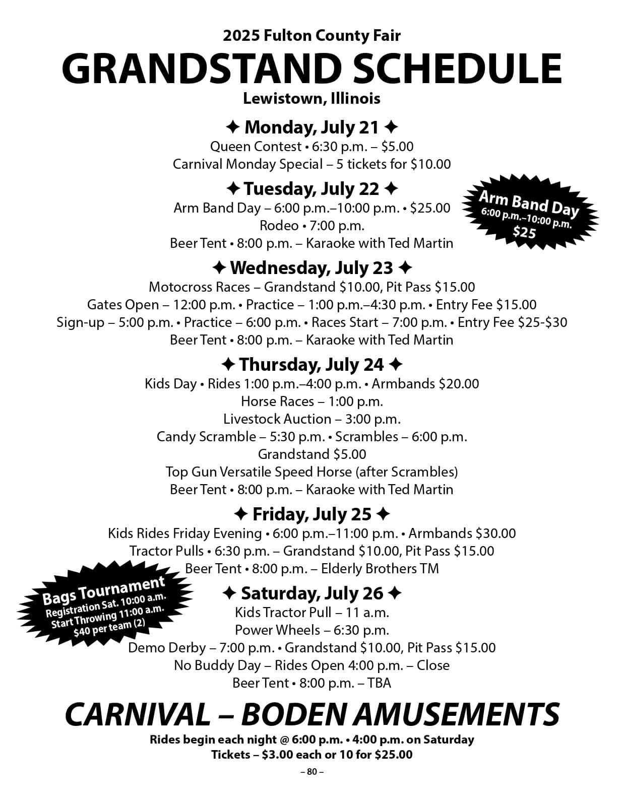 grandstand schedule for the 2025 Fulton County Fair