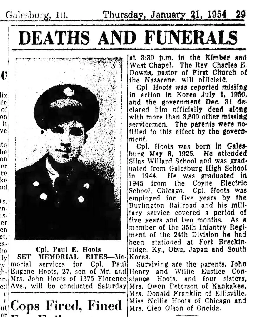 The original obituary of U.S. Army Cpl. Paul Eugene Hoots of Galesburg, as it appeared in the Jan. 21, 1954, edition of the Galesburg Register-Mail.