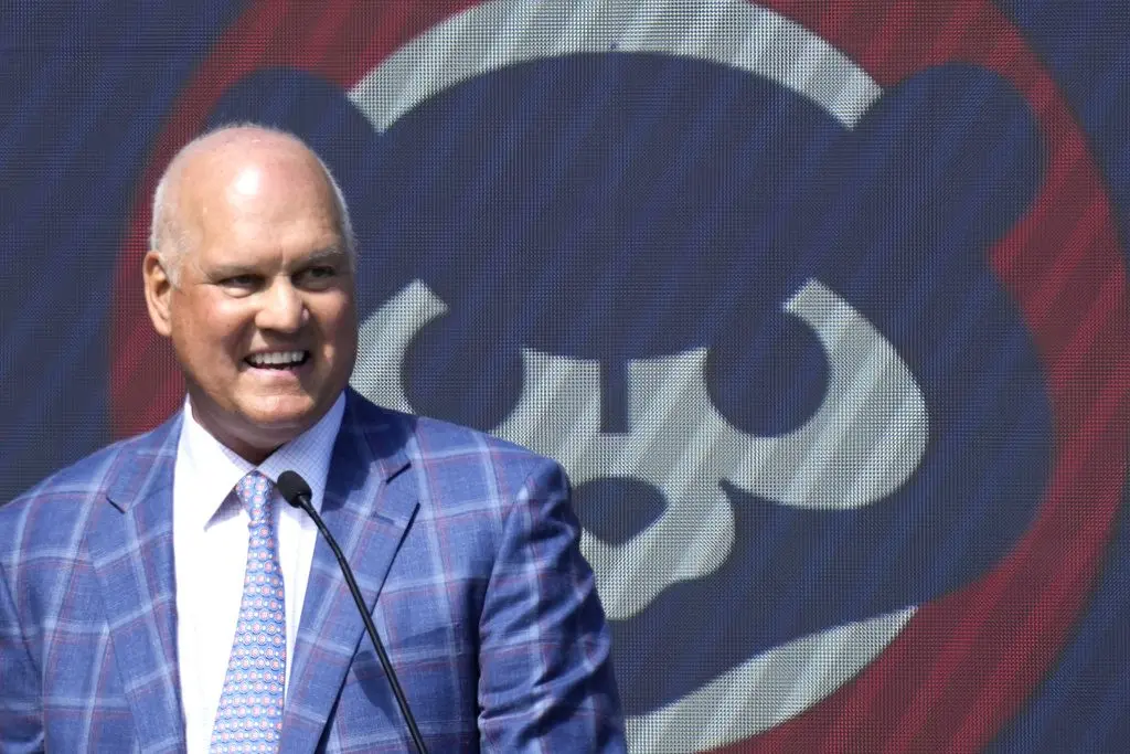 FILE - Former Chicago Cubs player Ryne Sandberg speaks before the team unveils a statue of him before a baseball game against the New York Mets in Chicago, Sunday, June 23, 2024