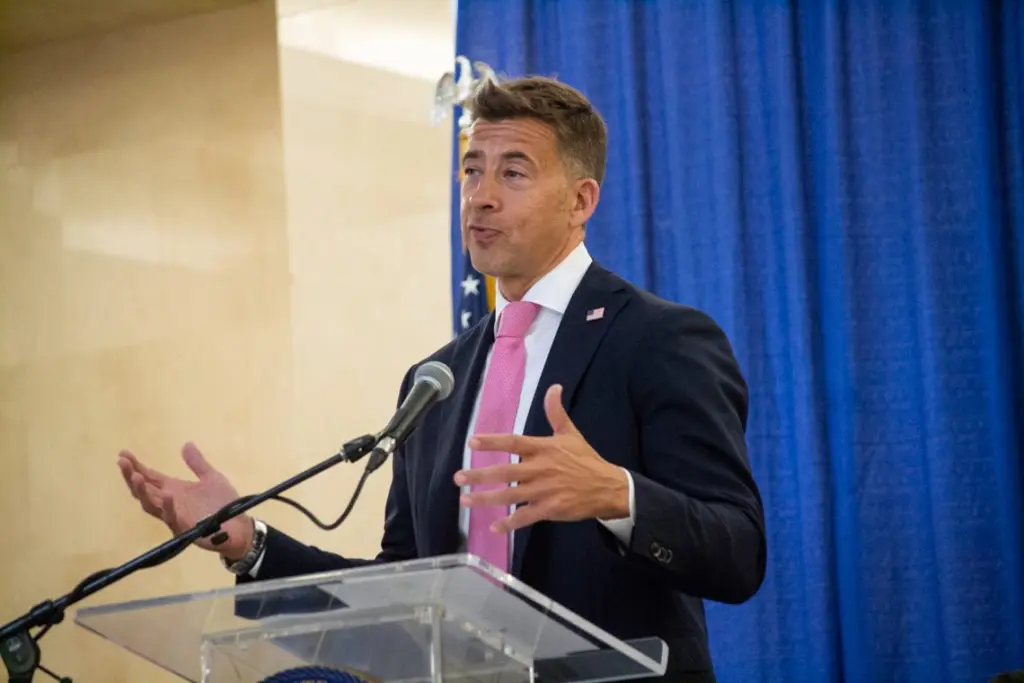 Secretary of State Alexi Giannoulias speaks at an event in Springfield in May 2025. (Capitol News Illinois photo by Jerry Nowicki)