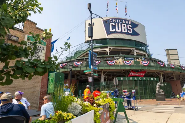 Diners sit at bar patios near Wrigley Field, the home of the Chicago Cubs, before a home game against the Orioles on Friday, Aug. 1, 2025. (Capitol News Illinois photo by Andrew Adams)