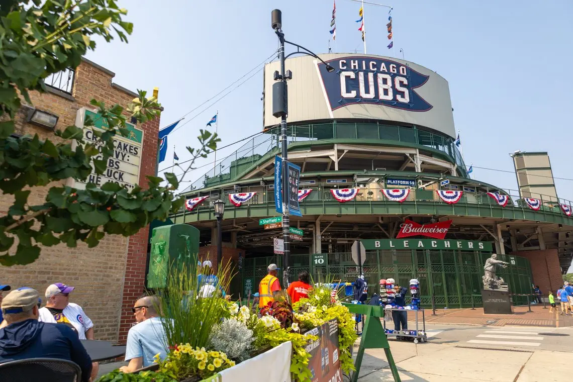 Diners sit at bar patios near Wrigley Field, the home of the Chicago Cubs, before a home game against the Orioles on Friday, Aug. 1, 2025. (Capitol News Illinois photo by Andrew Adams)