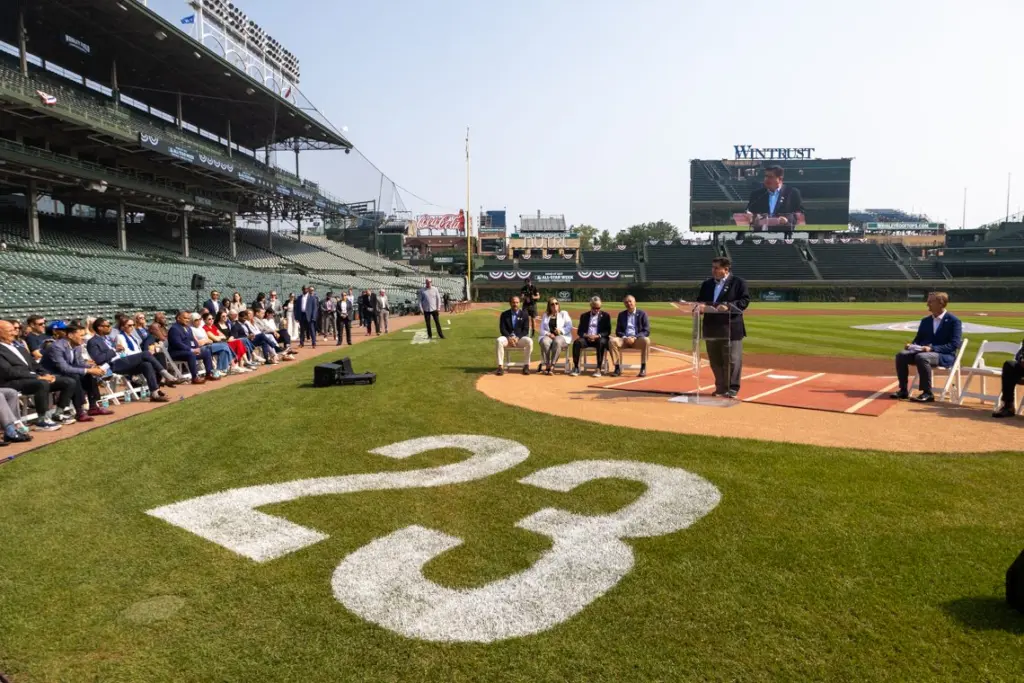 Gov. JB Pritzker speaks at Wrigley Field on Aug. 1, 2025. (Capitol News Illinois photo by Andrew Adams)
