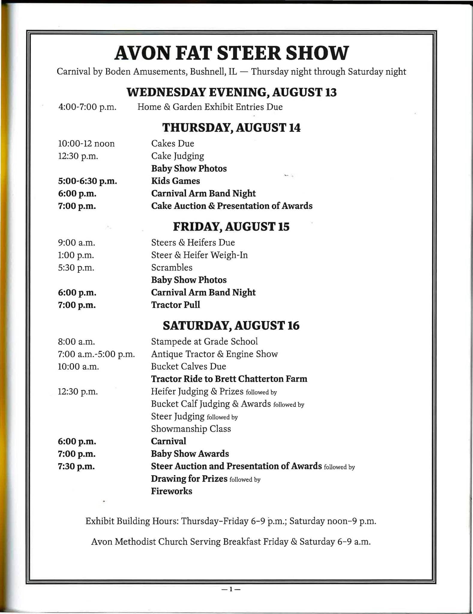 daily schedule of events for the 2025 avon fat steer show
