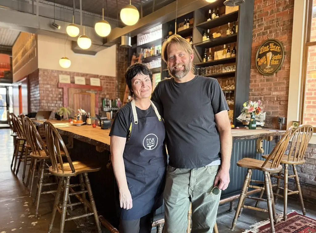 Kelly and Sam Fisk, owners of Fisk Bier & Wine, 240 E. Simmons St. in Galesburg. (JAY REDFERN/WGIL)