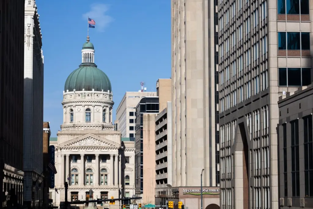 The Indiana Capitol sits in the heart of Indianapolis in 2024. Indiana was the first known state to hand over sensitive personal information as part of a 2025 request from the U.S. Department of Justice. (Capitol News Illinois photo by Andrew Adams)