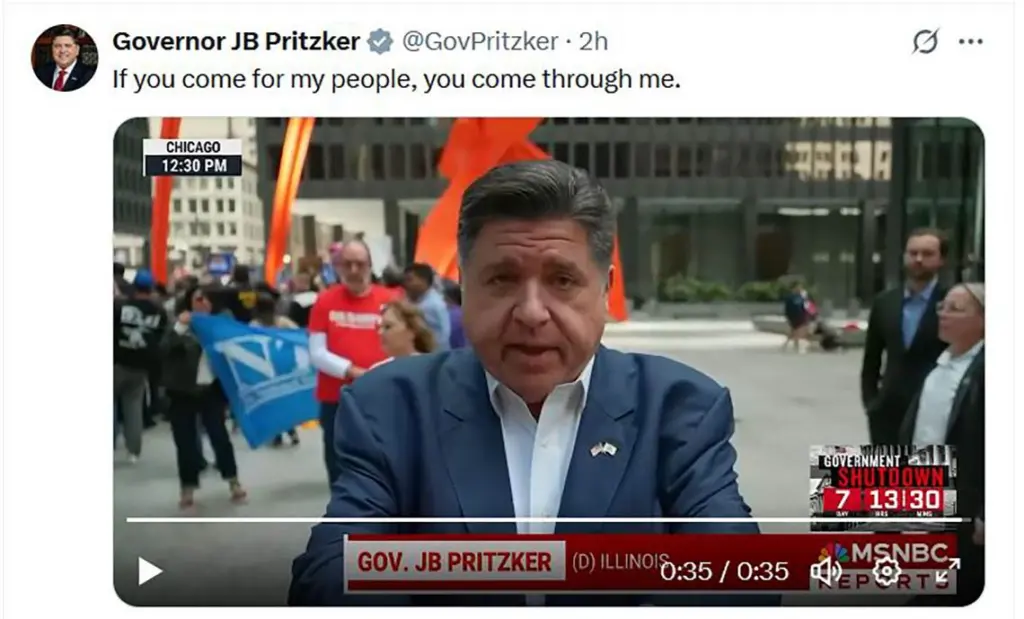 A screenshot of Gov. JB Pritzker’s X account shows his Wednesday MSNBC interview telling President Donald Trump to “Come and get me.” (Screenshot from Gov. JB Pritzker’s X account)