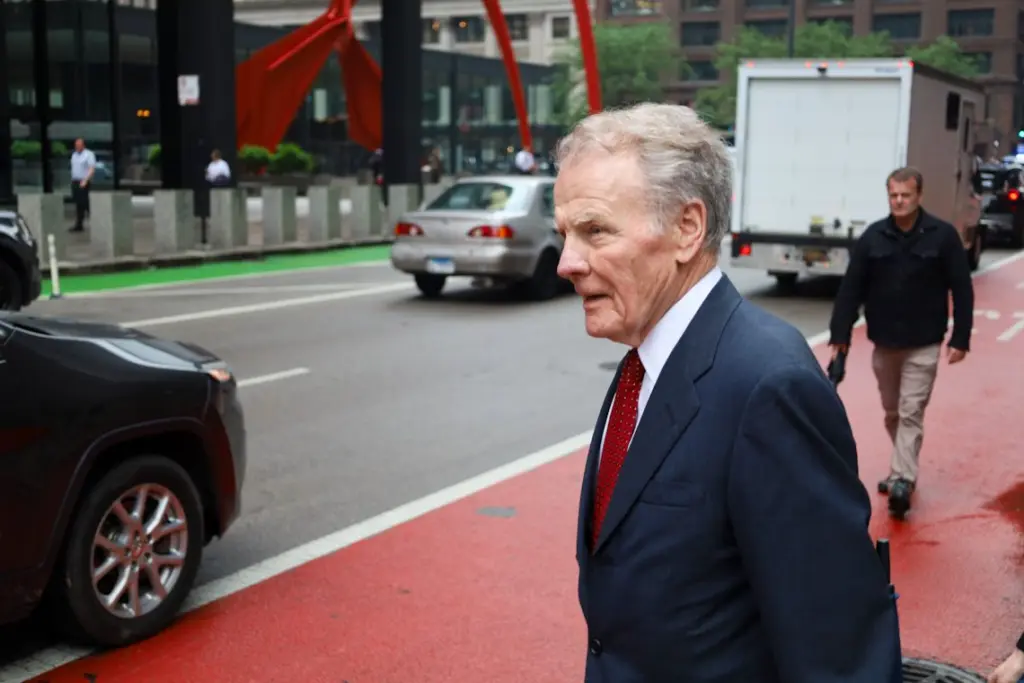 Former Illinois House Speaker Michael Madigan exits Chicago's Dirksen Federal Courthouse on June 13 after receiving a 7 ½-year sentence for corruption. The former speaker reported to a federal prison in West Virginia on Monday, eight months after a jury convicted him on 10 of 23 counts of corruption, including bribery, in February. (Capitol News Illinois photo by Andrew Adams)