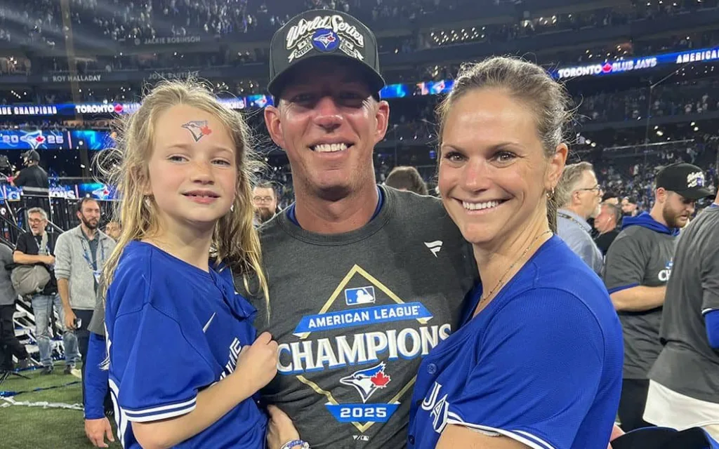 Toronto Blue Jays bullpen coach Graham Johnson joined by wife, Victoria Cable Johnson and daughter, Charlee after Monday night’s game in Toronto at Rogers Centre. (Photo courtesy Victoria Cable-Johnson)