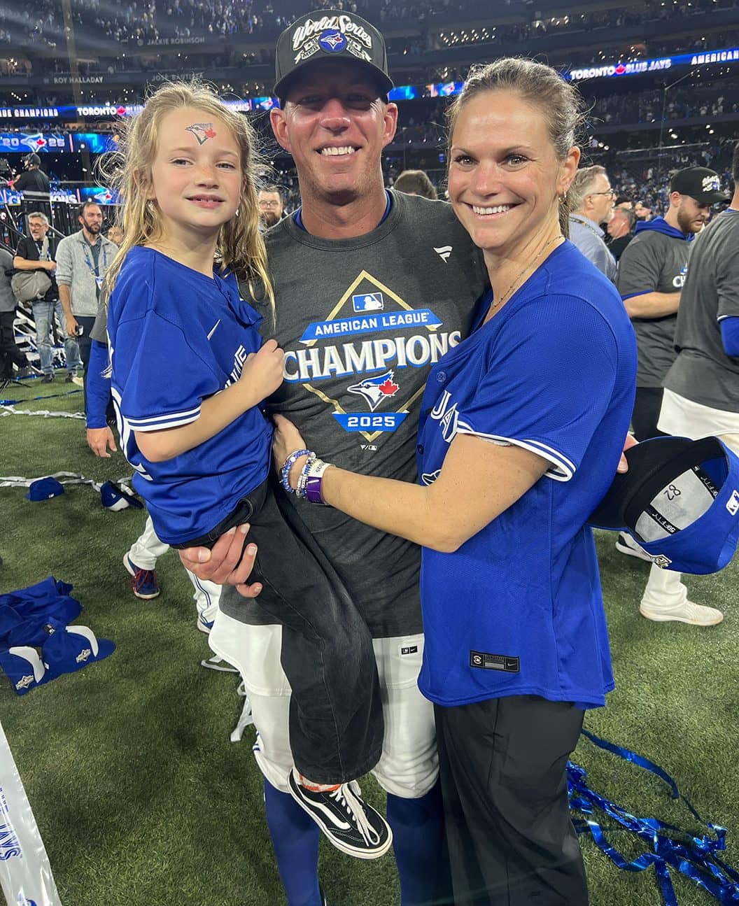 Toronto Blue Jays bullpen coach Graham Johnson joined by wife, Victoria Cable Johnson and daughter, Charlee after Monday night’s game in Toronto at Rogers Centre. (Photo courtesy Victoria Cable-Johnson)