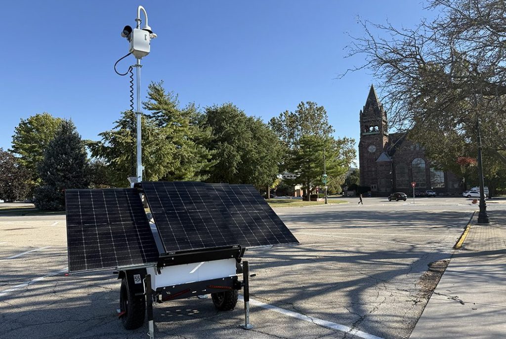 A mobile security camera, operated by the Galesburg Police Department, sits on the northwest corner of the Public Square in downtown Galesburg.