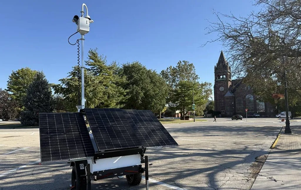 A mobile security camera, operated by the Galesburg Police Department, sits on the northwest corner of the Public Square in downtown Galesburg.