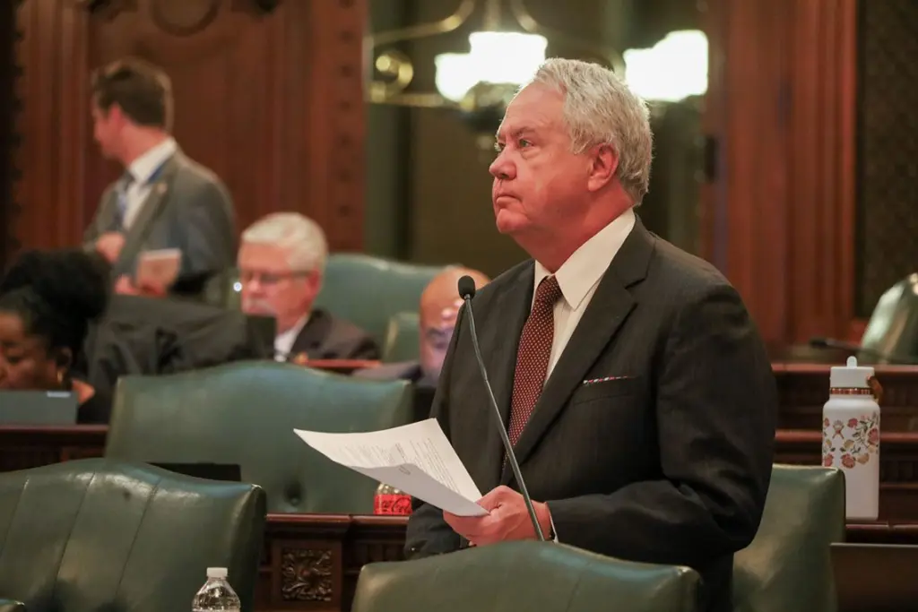 Rep. Jay Hoffman, D-Swansea, speaks about his energy legislation during House floor debate on Oct. 29, 2025. (Capitol News Illinois photo by Andrew Adams)