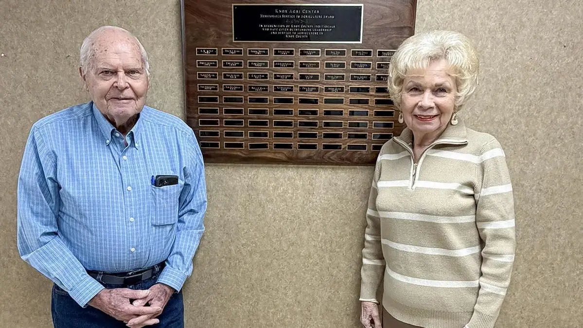David and Brenda Bliss gifted this sign to the Knox County Farm Bureau for its centennial celebration in 2018. David, a lifelong KCFB member, is retiring this year after 70 years of farming. (Photo courtesy of Hailey Hennenfent)
